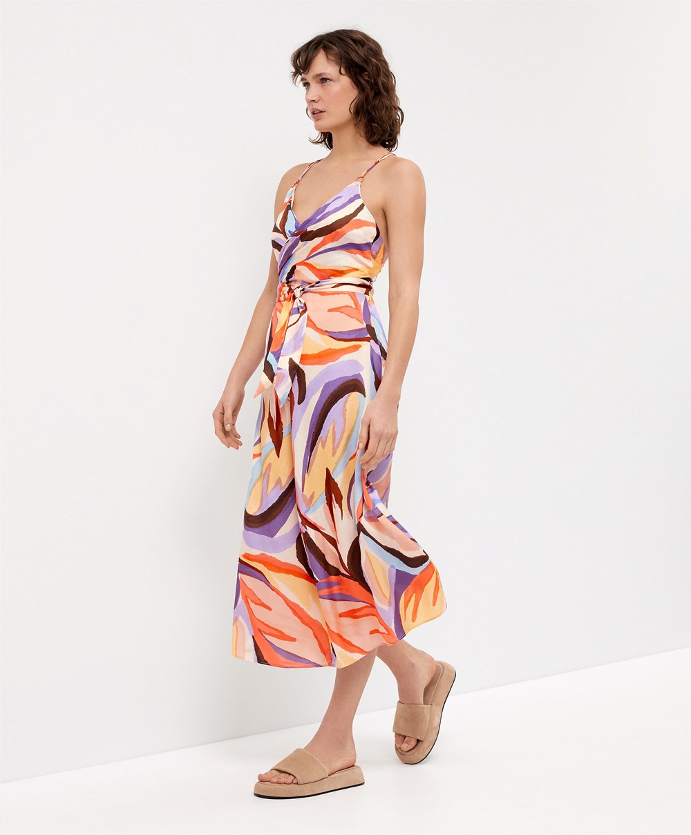 Oysho Satin Printed Pántos Long Ruha Mélylila | WRMDBI-307