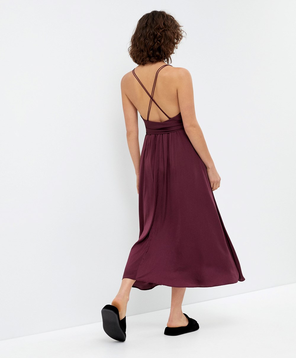 Oysho Satin Pántos Midi Ruha Bordó | APVXWE-059