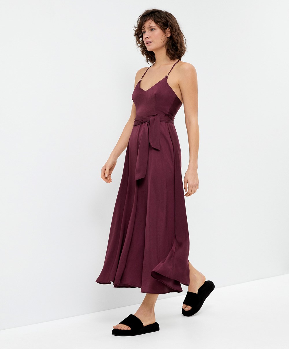 Oysho Satin Pántos Midi Ruha Bordó | APVXWE-059