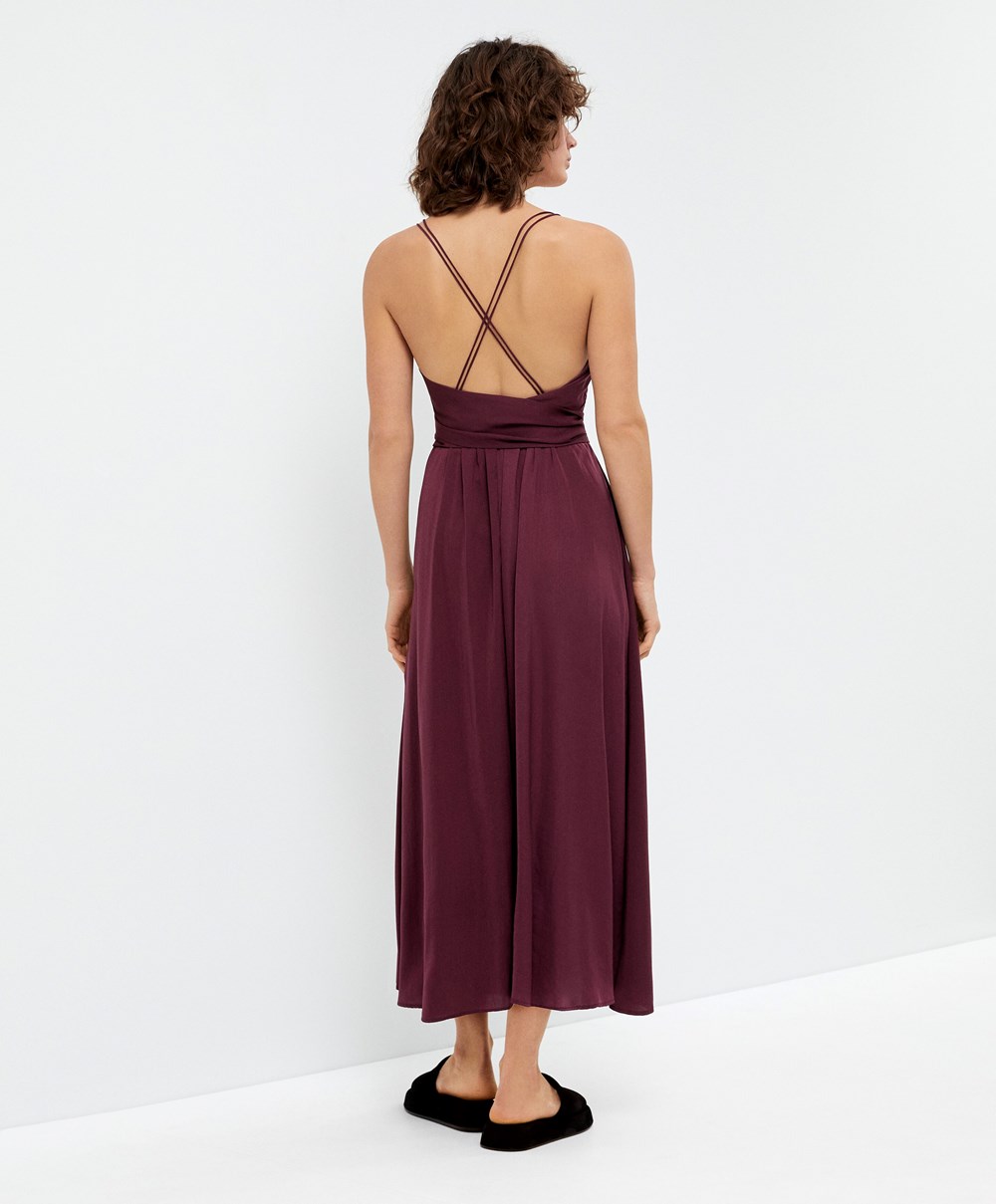 Oysho Satin Pántos Midi Ruha Bordó | ZDORMS-735