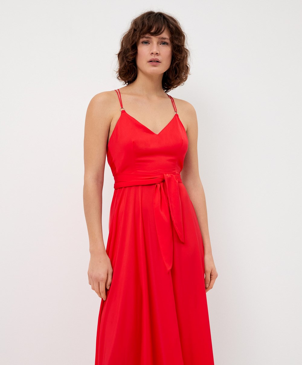 Oysho Satin Pántos Midi Ruha Orange-red | KWCJZI-789