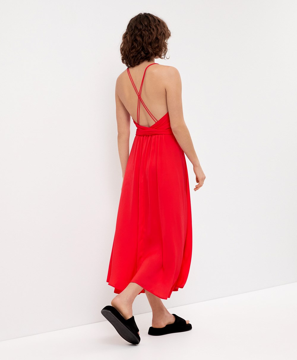 Oysho Satin Pántos Midi Ruha Orange-red | KWCJZI-789