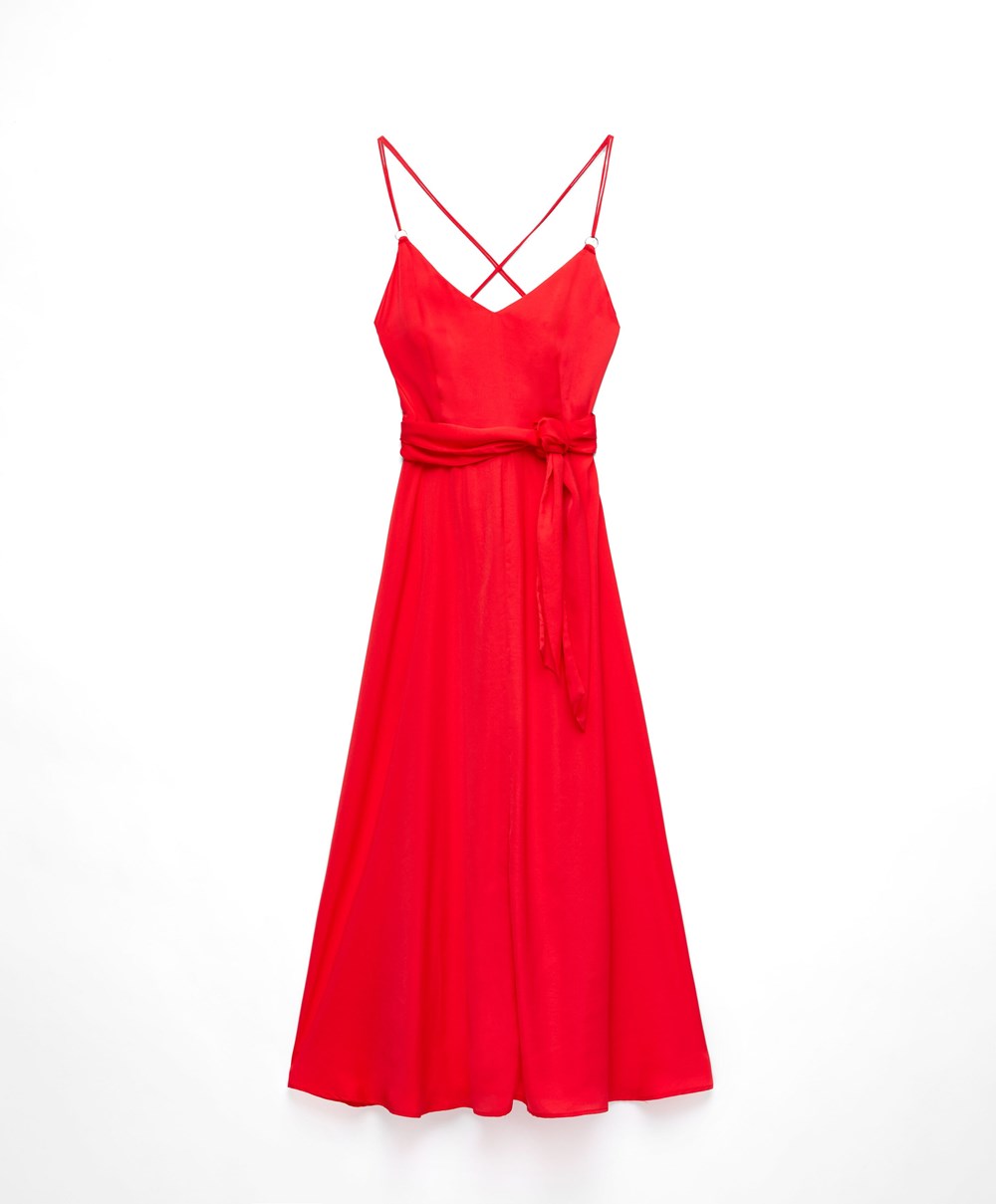 Oysho Satin Pántos Midi Ruha Orange-red | KWCJZI-789