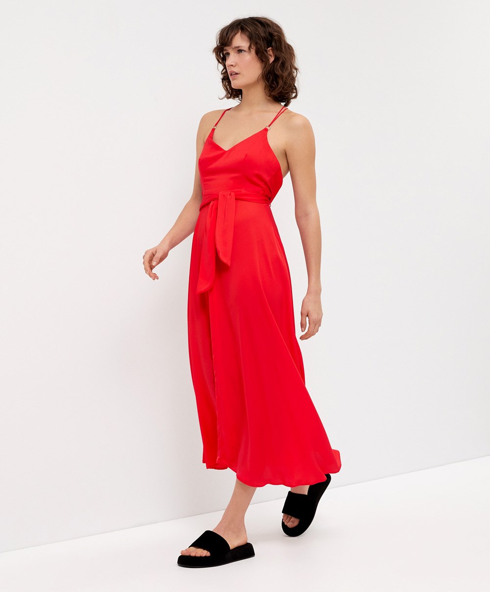 Oysho Satin Pántos Midi Ruha Orange-red | KWCJZI-789