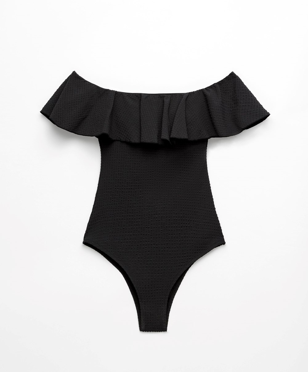 Oysho Seersucker Bandeau Swimsuit Fekete | WTYUMC-904