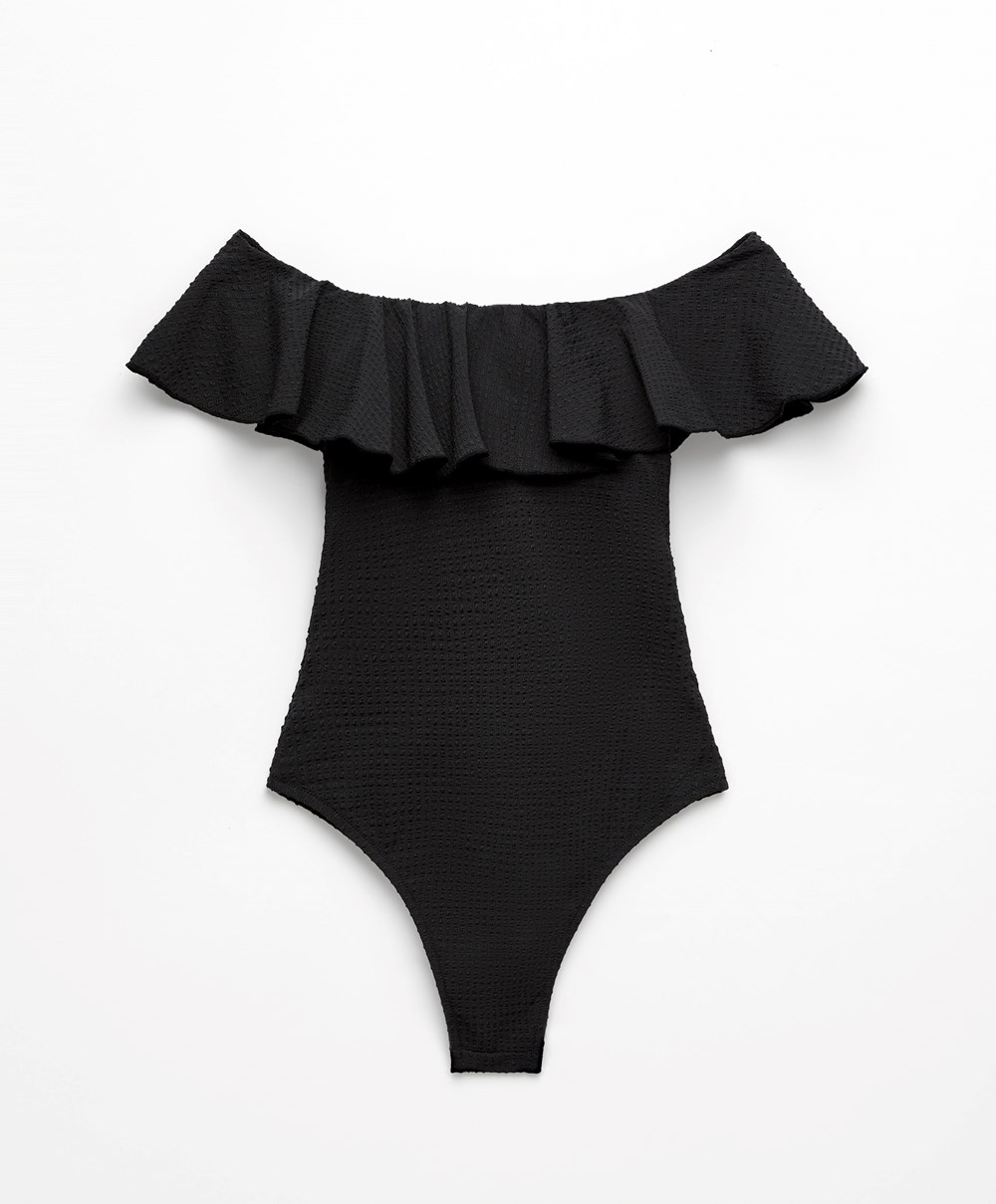 Oysho Seersucker Bandeau Swimsuit Fekete | WTYUMC-904