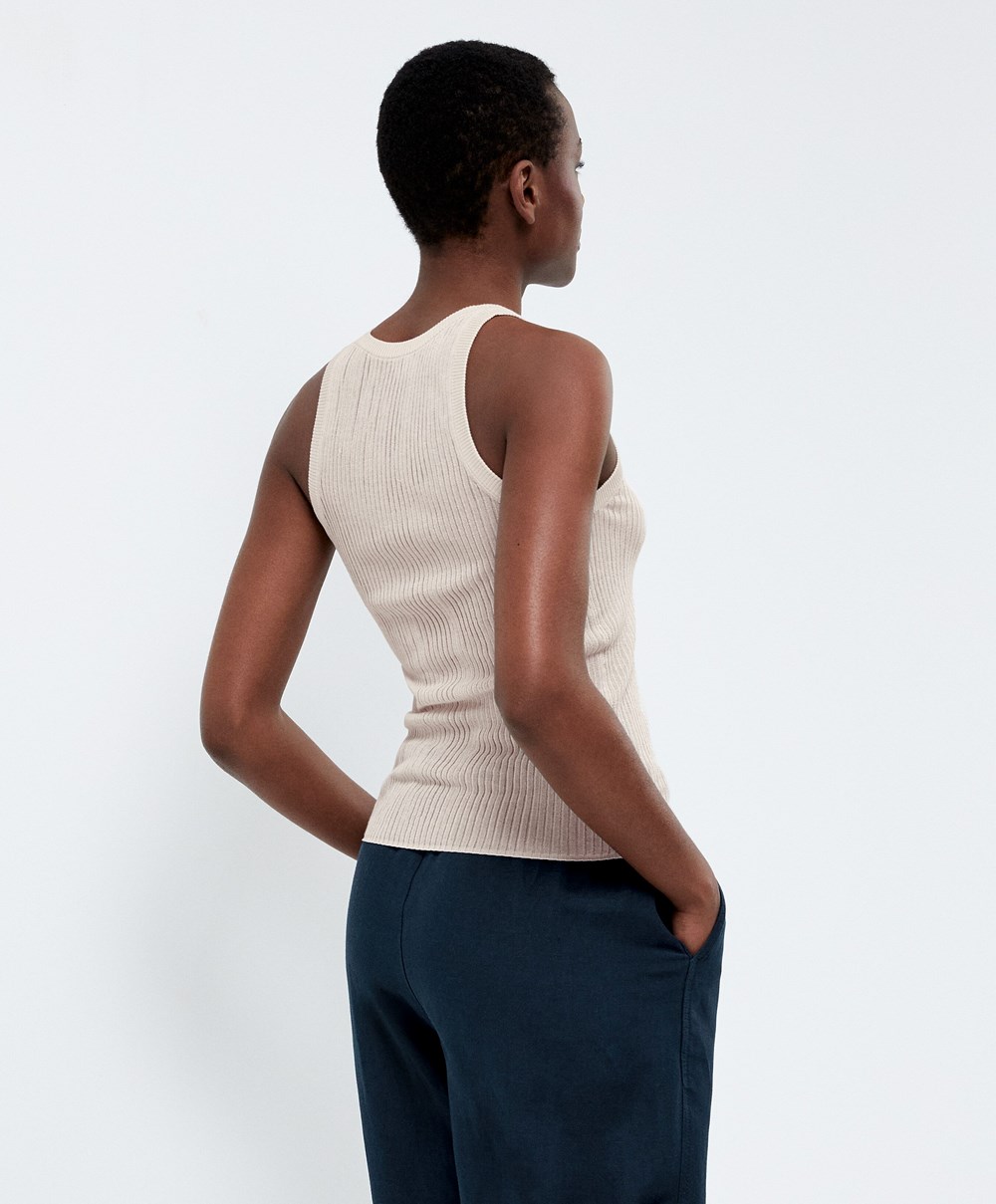 Oysho Semi-sheer Knit Vest Top Pale Sand | DZBSNI-382