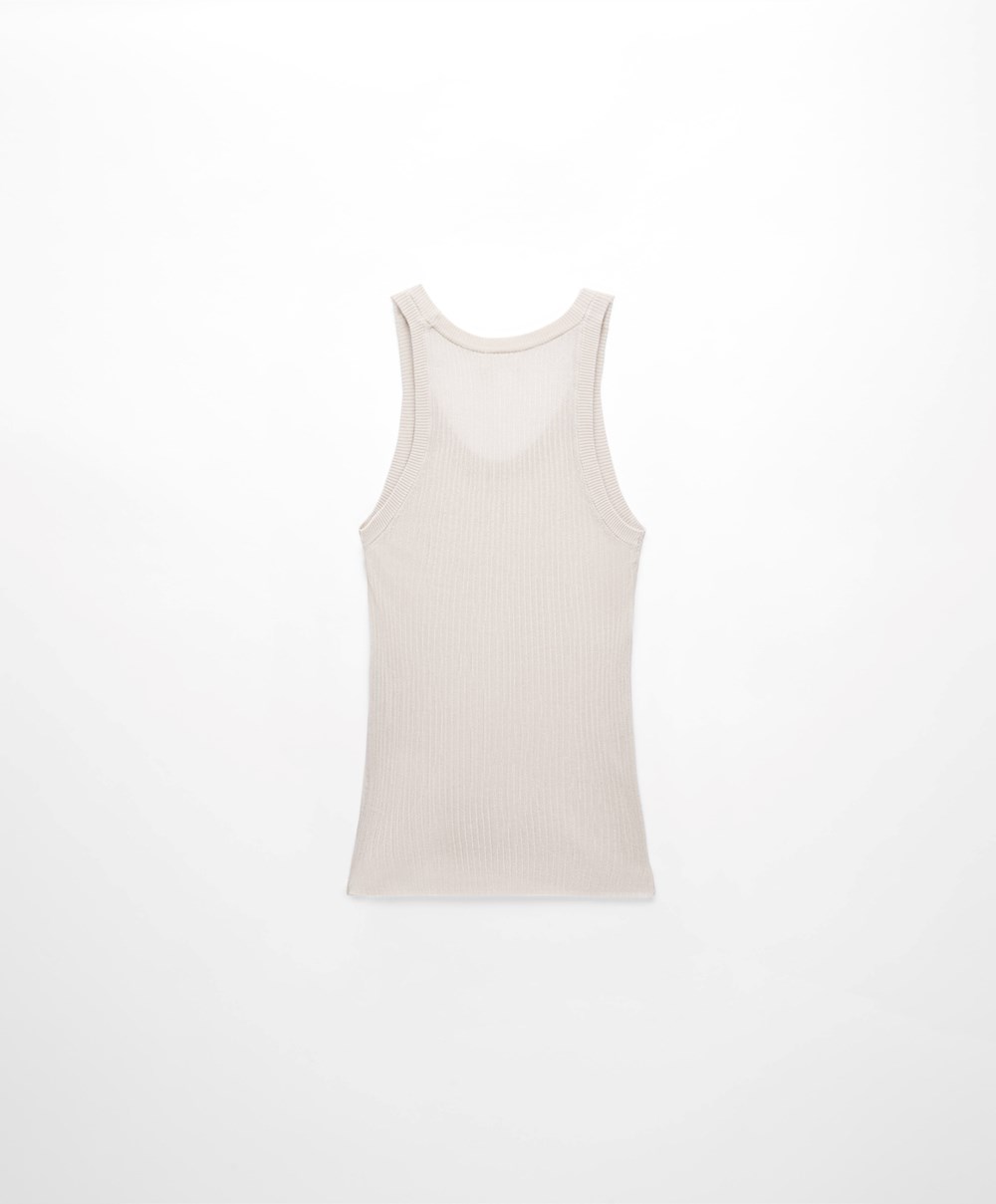 Oysho Semi-sheer Knit Vest Top Pale Sand | DZBSNI-382