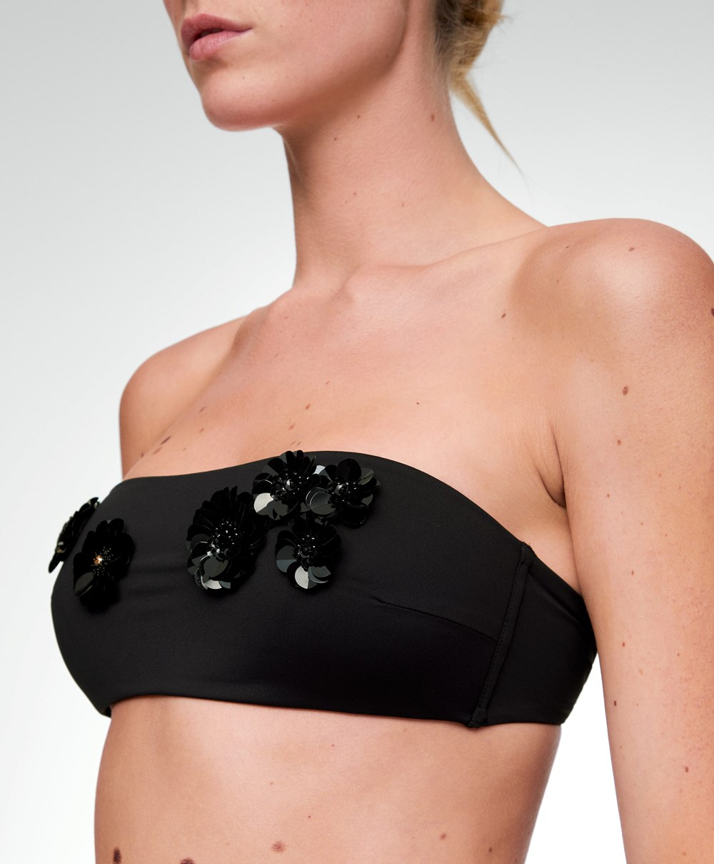 Oysho Sequinned Flowers Bandeau Bikini Top Fekete | XWUTZO-218