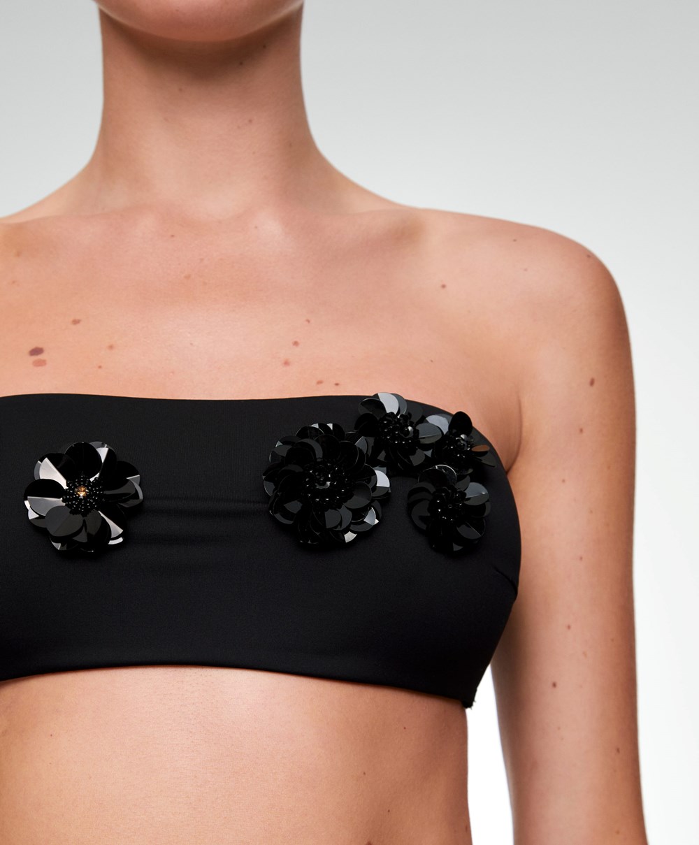 Oysho Sequinned Flowers Bandeau Bikini Top Fekete | XWUTZO-218