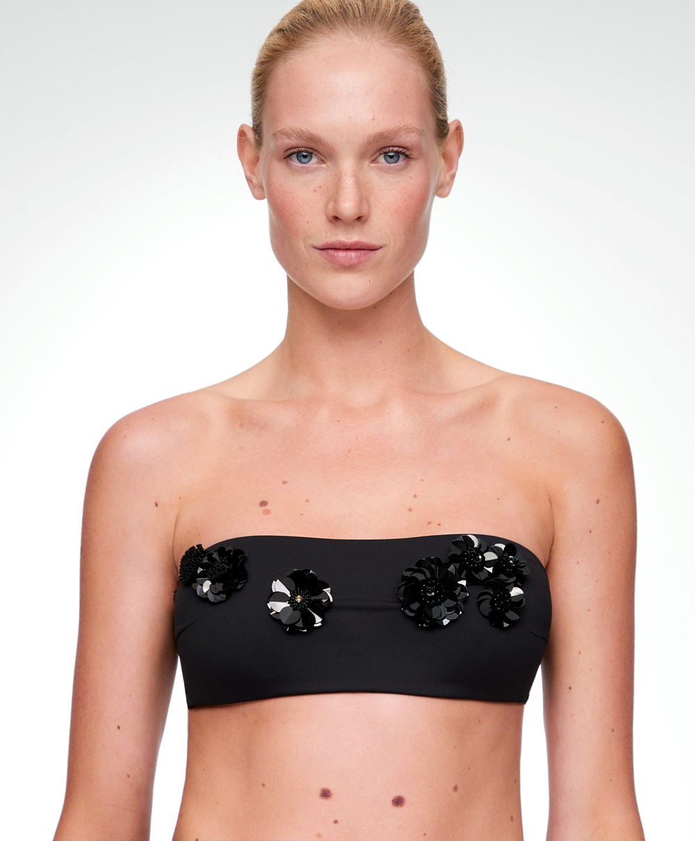 Oysho Sequinned Flowers Bandeau Bikini Top Fekete | XWUTZO-218