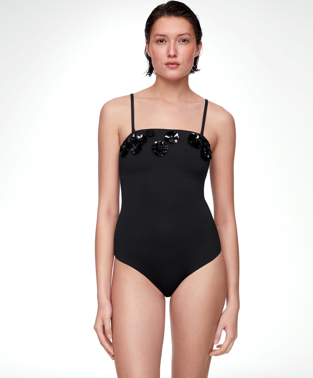 Oysho Sequinned Flowers Bandeau Swimsuit Fekete | NAHMJE-097