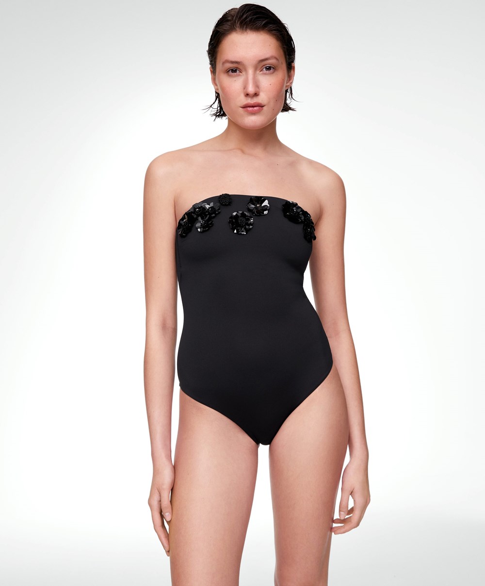 Oysho Sequinned Flowers Bandeau Swimsuit Fekete | NAHMJE-097