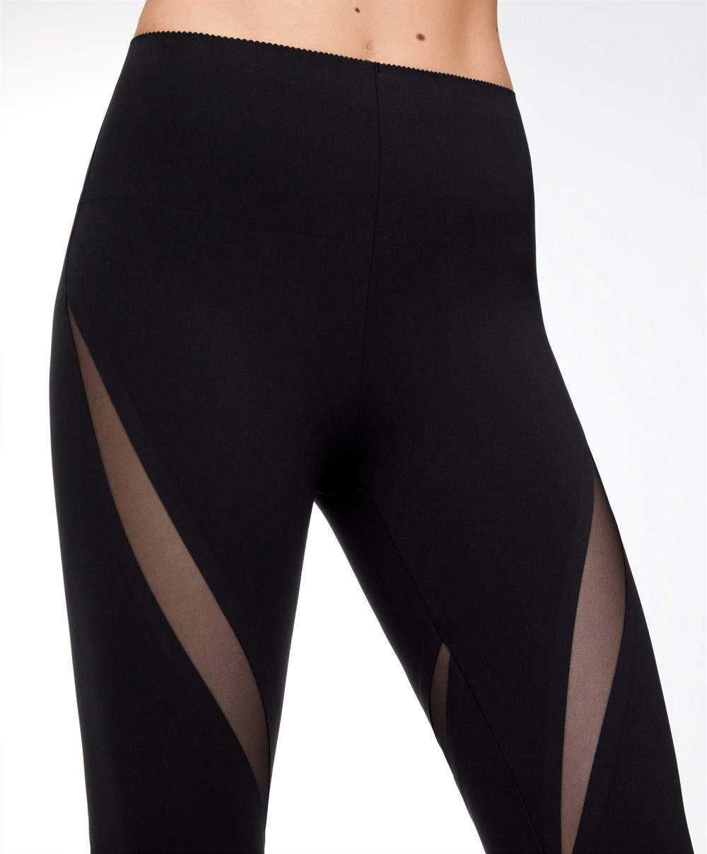 Oysho Sheer Panel 65cm Compressive Leggings Fekete | WNLPVU-190