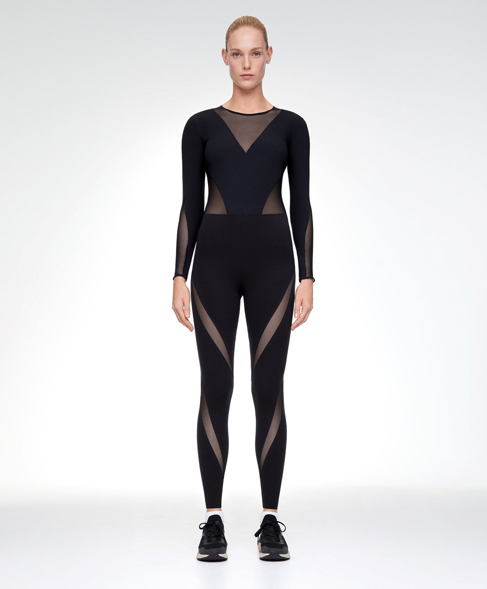 Oysho Sheer Panel 65cm Compressive Leggings Fekete | WNLPVU-190