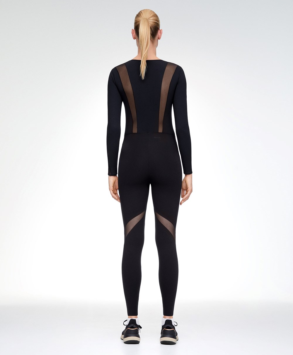 Oysho Sheer Panel 65cm Compressive Leggings Fekete | WNLPVU-190