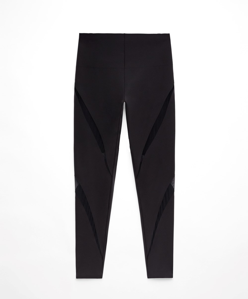 Oysho Sheer Panel 65cm Compressive Leggings Fekete | WNLPVU-190