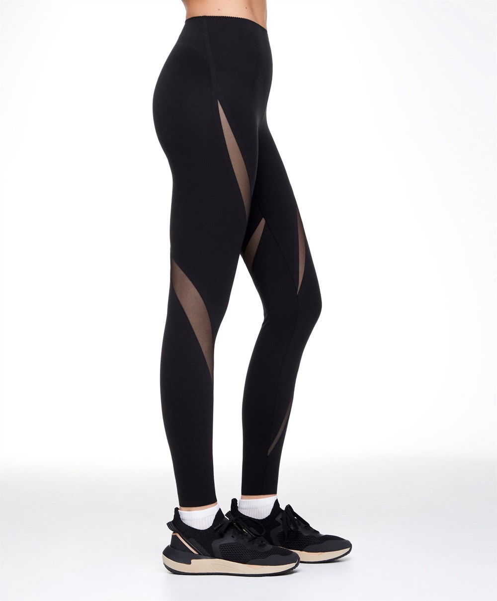 Oysho Sheer Panel 65cm Compressive Leggings Fekete | WNLPVU-190