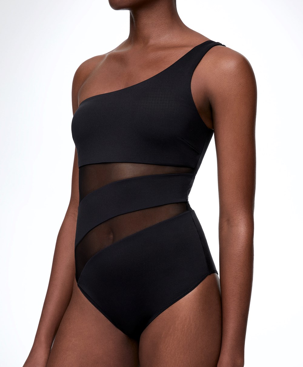 Oysho Sheer Panel Asymmetric Swimsuit Fekete | NIMKZU-650