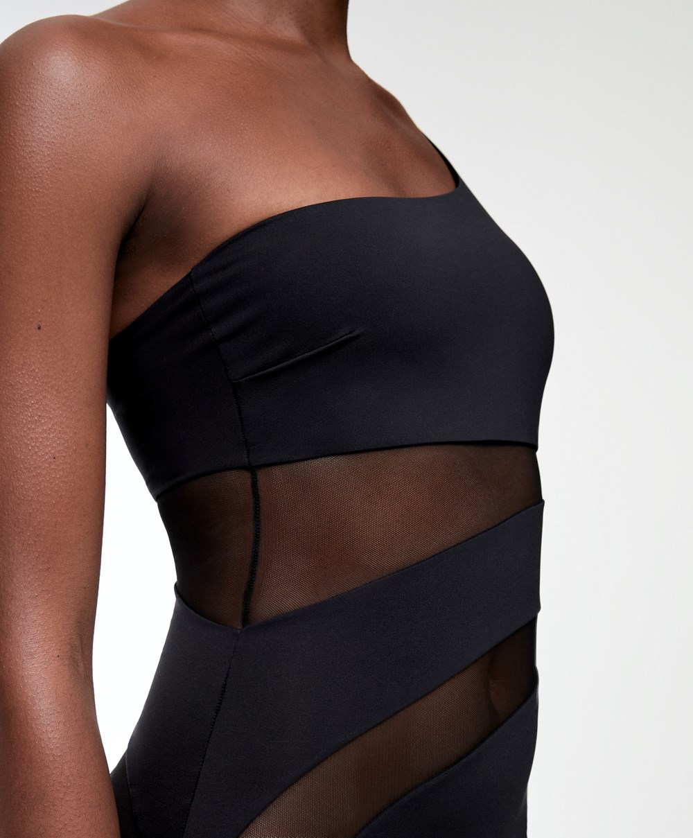 Oysho Sheer Panel Asymmetric Swimsuit Fekete | NIMKZU-650