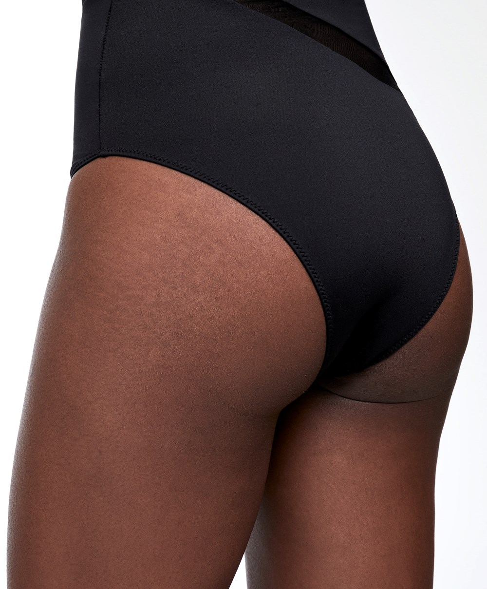 Oysho Sheer Panel Asymmetric Swimsuit Fekete | NIMKZU-650