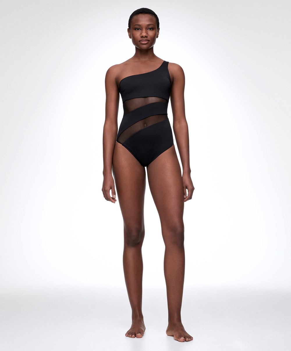 Oysho Sheer Panel Asymmetric Swimsuit Fekete | NIMKZU-650