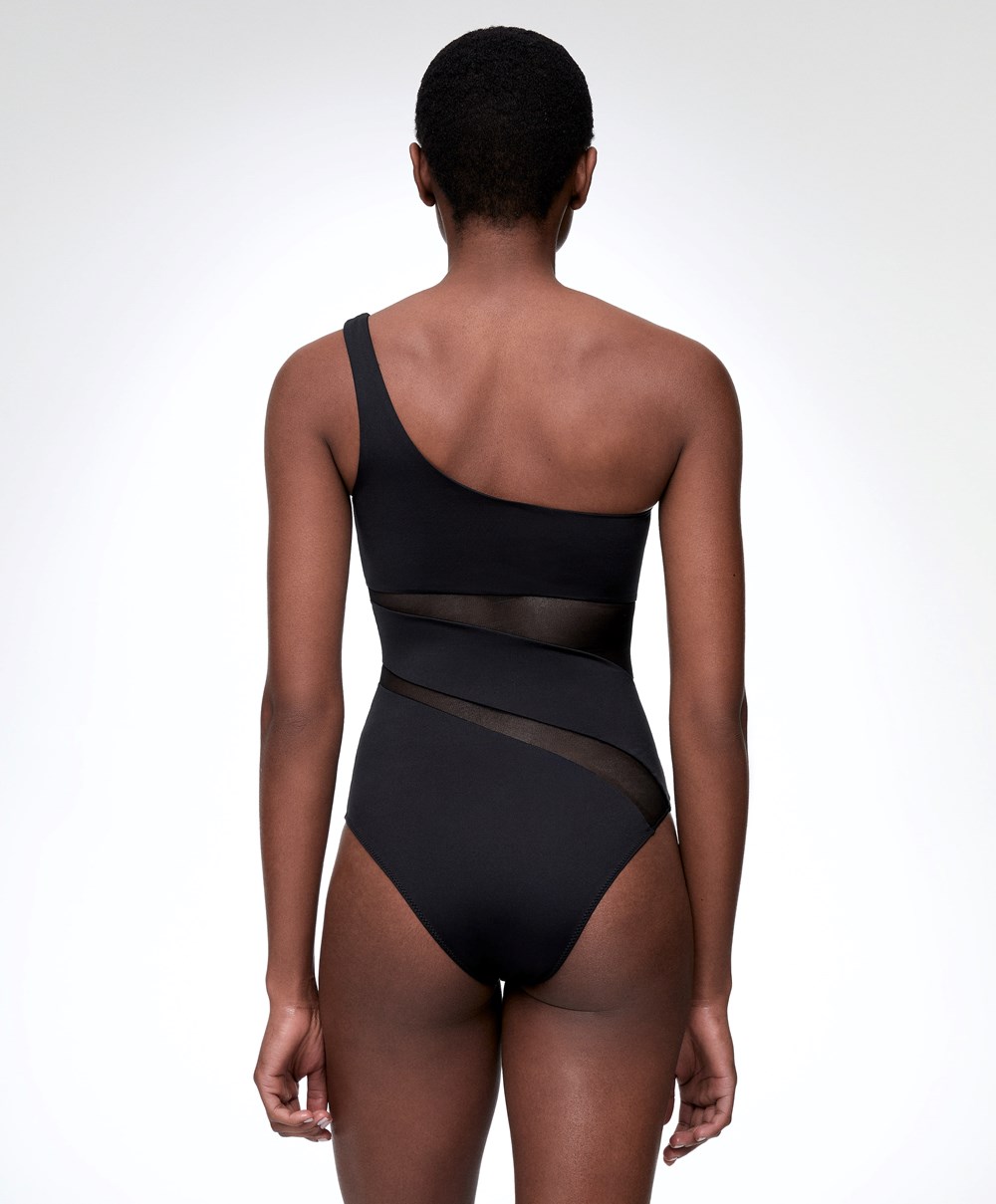 Oysho Sheer Panel Asymmetric Swimsuit Fekete | NIMKZU-650