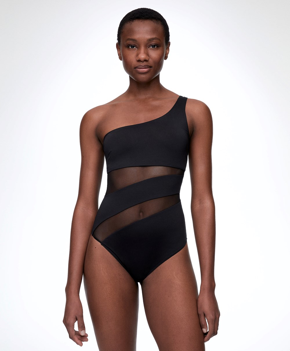 Oysho Sheer Panel Asymmetric Swimsuit Fekete | NIMKZU-650