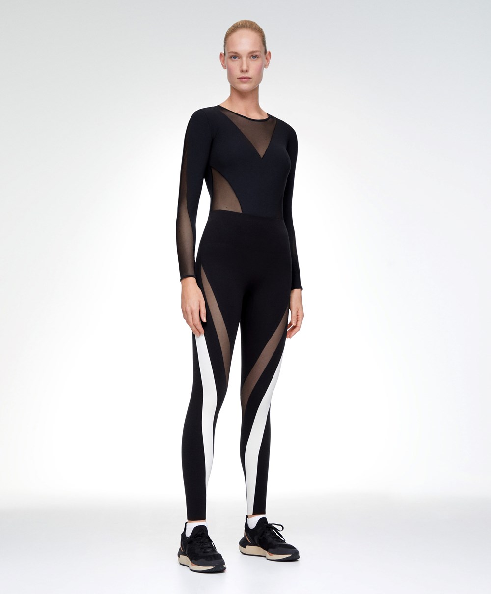 Oysho Sheer Panel Colour Block 65cm Compressive Leggings Fekete | TJNXGU-714