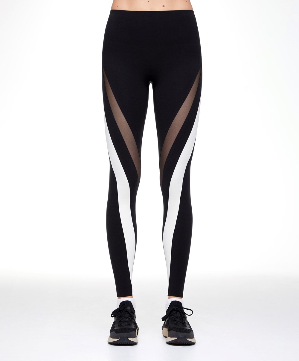 Oysho Sheer Panel Colour Block 65cm Compressive Leggings Fekete | TJNXGU-714