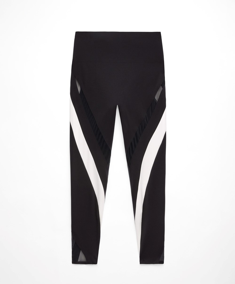 Oysho Sheer Panel Colour Block 65cm Compressive Leggings Fekete | TJNXGU-714