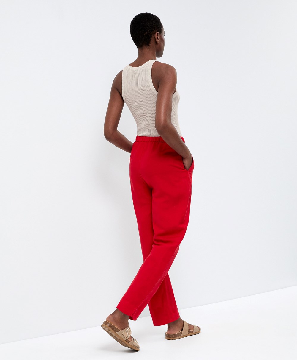 Oysho Slim Fit Linen Trousers Piros | AEFXYU-834