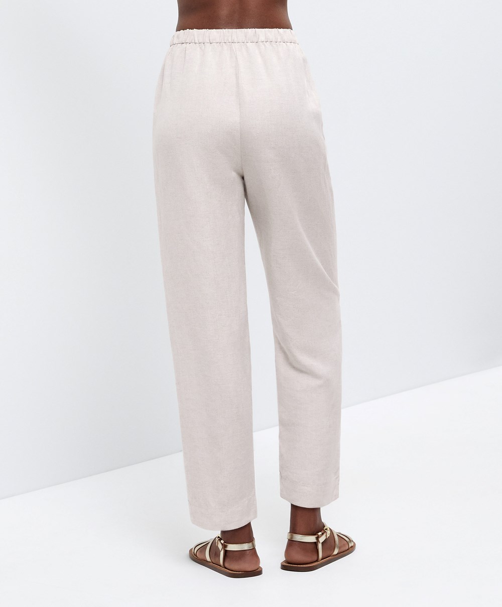 Oysho Slim Fit Linen Trousers Sand Melange | ECIRZH-389