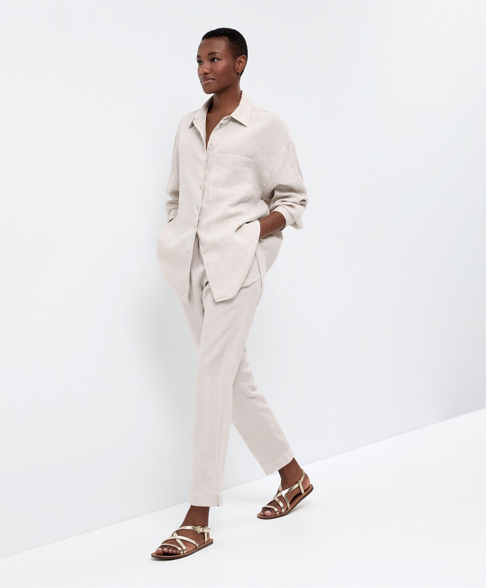 Oysho Slim Fit Linen Trousers Sand Melange | ECIRZH-389