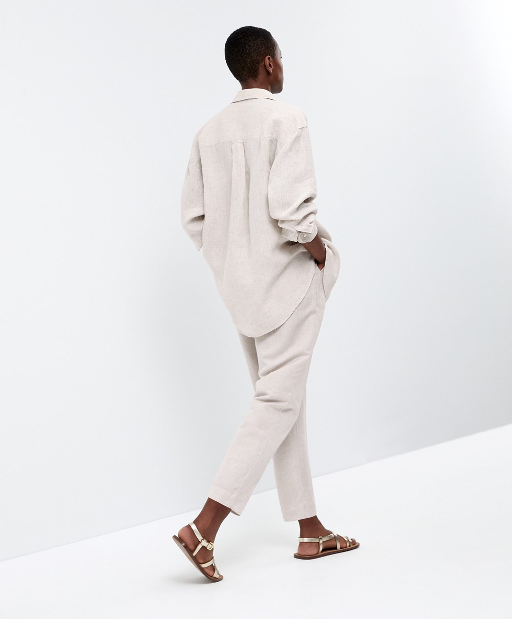 Oysho Slim Fit Linen Trousers Sand Melange | ECIRZH-389