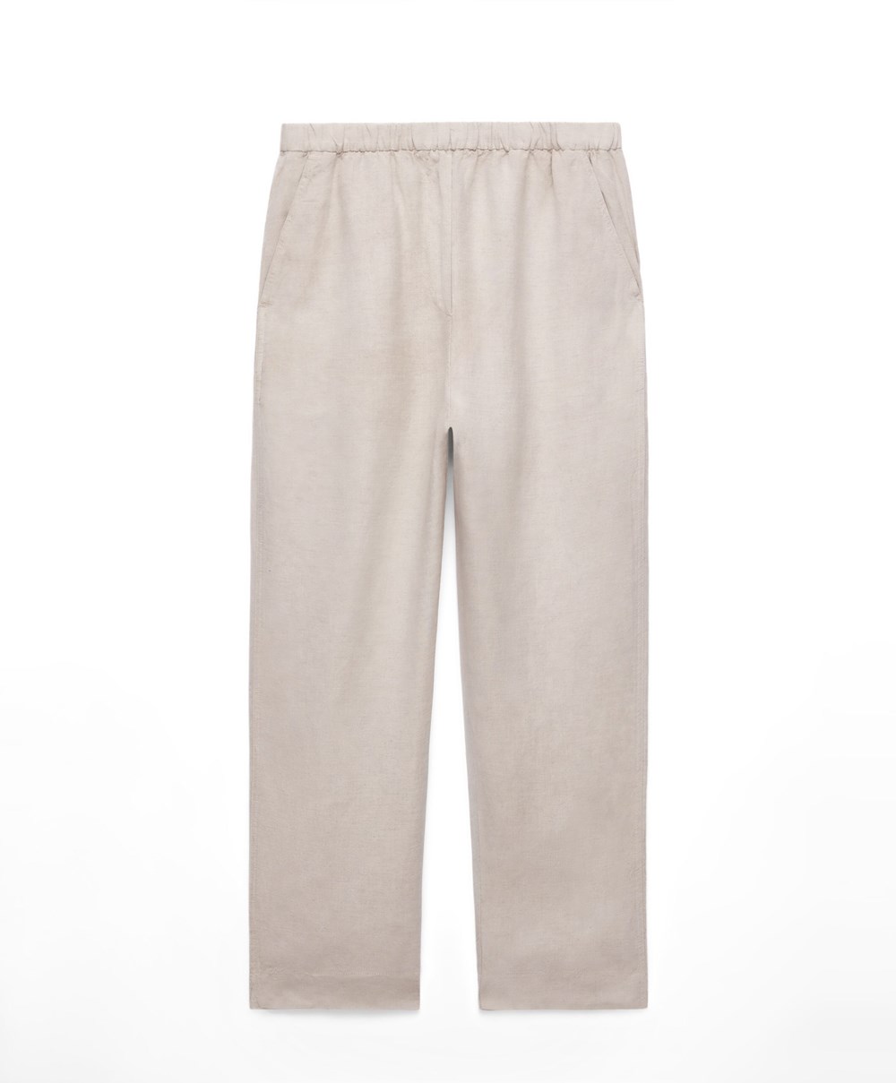 Oysho Slim Fit Linen Trousers Sand Melange | ECIRZH-389