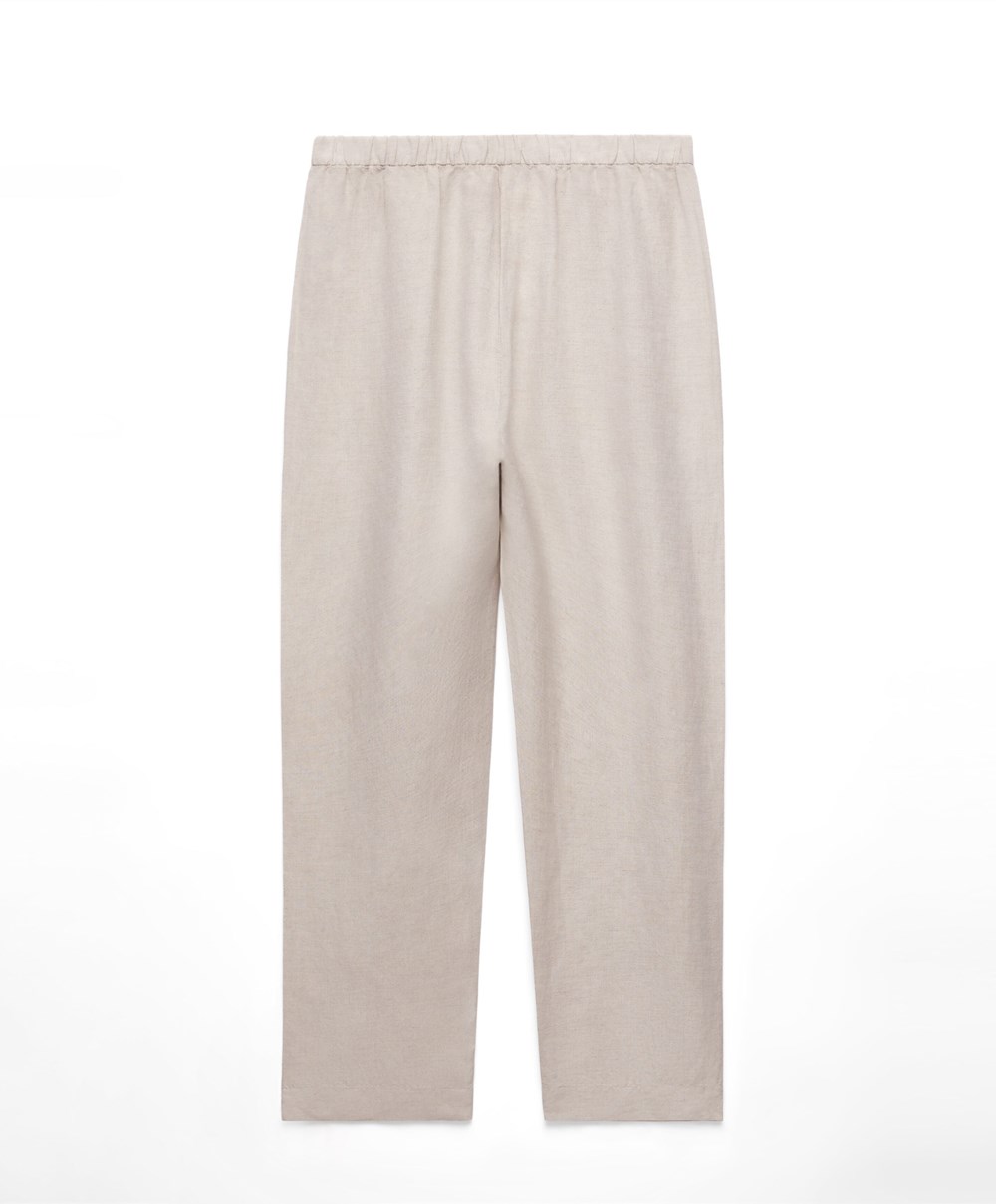 Oysho Slim Fit Linen Trousers Sand Melange | ECIRZH-389