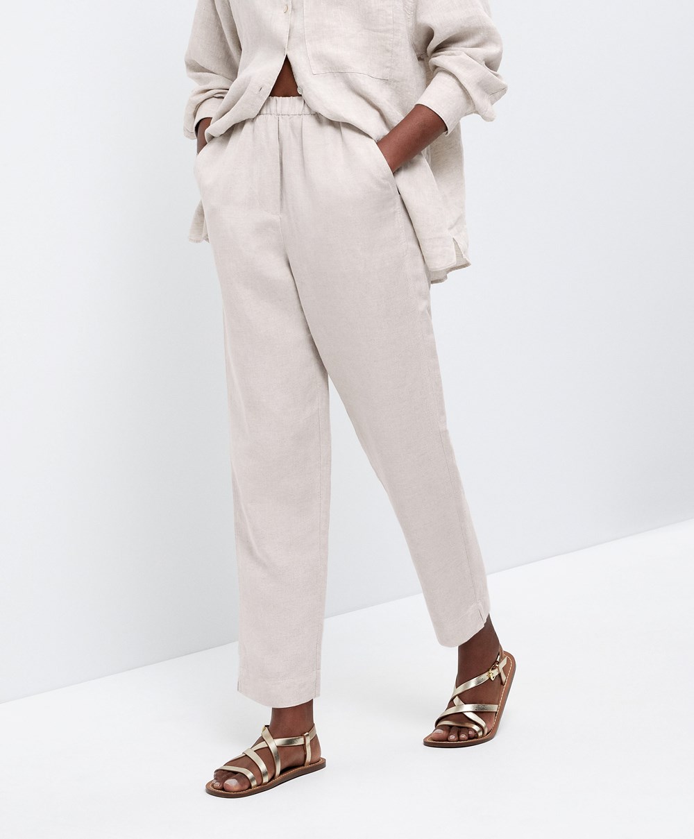 Oysho Slim Fit Linen Trousers Sand Melange | ECIRZH-389