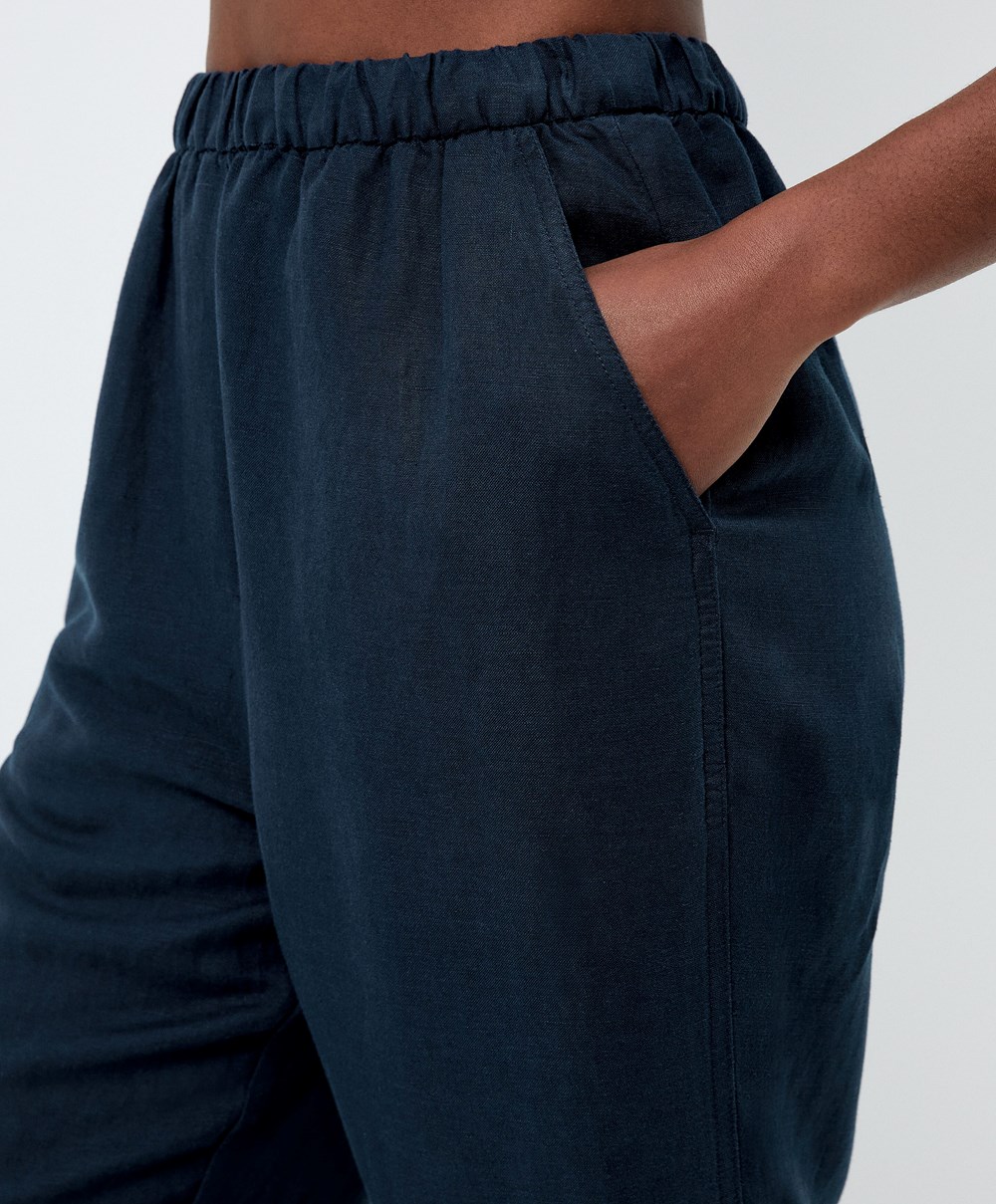 Oysho Slim Fit Linen Trousers Sötétkék | OQTFCH-126