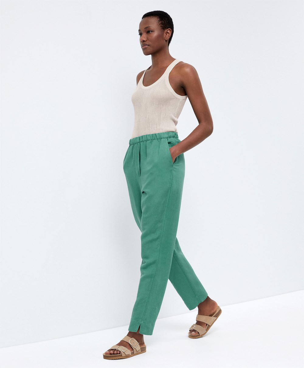 Oysho Slim Fit Linen Trousers Zöld | CAEIVN-345