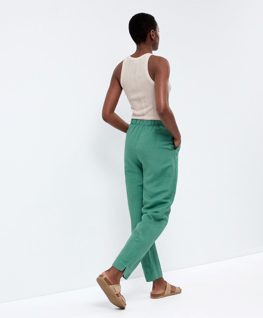 Oysho Slim Fit Linen Trousers Zöld | CAEIVN-345