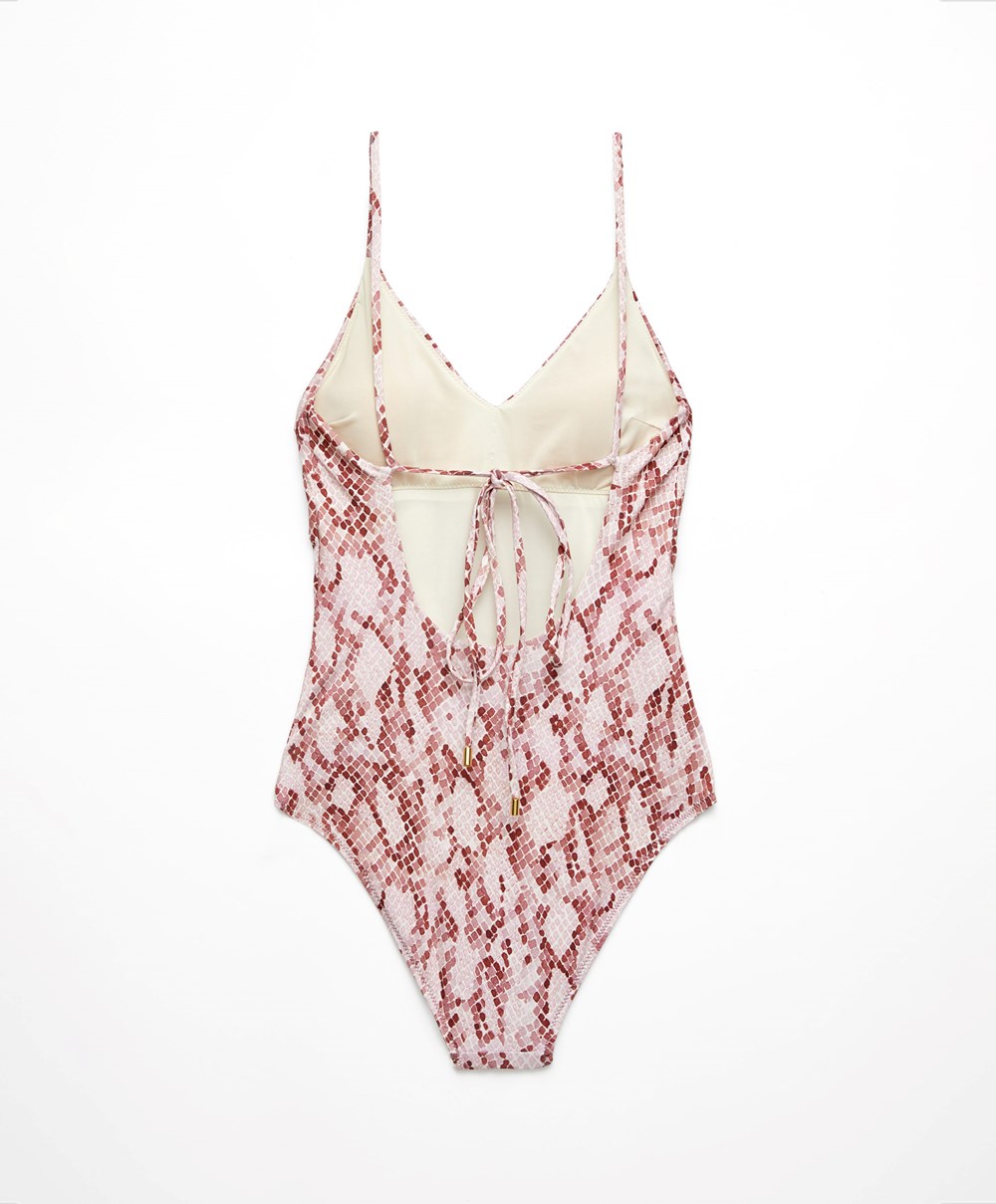 Oysho Snake Print V-neck Swimsuit Rózsaszín | WILTVO-128