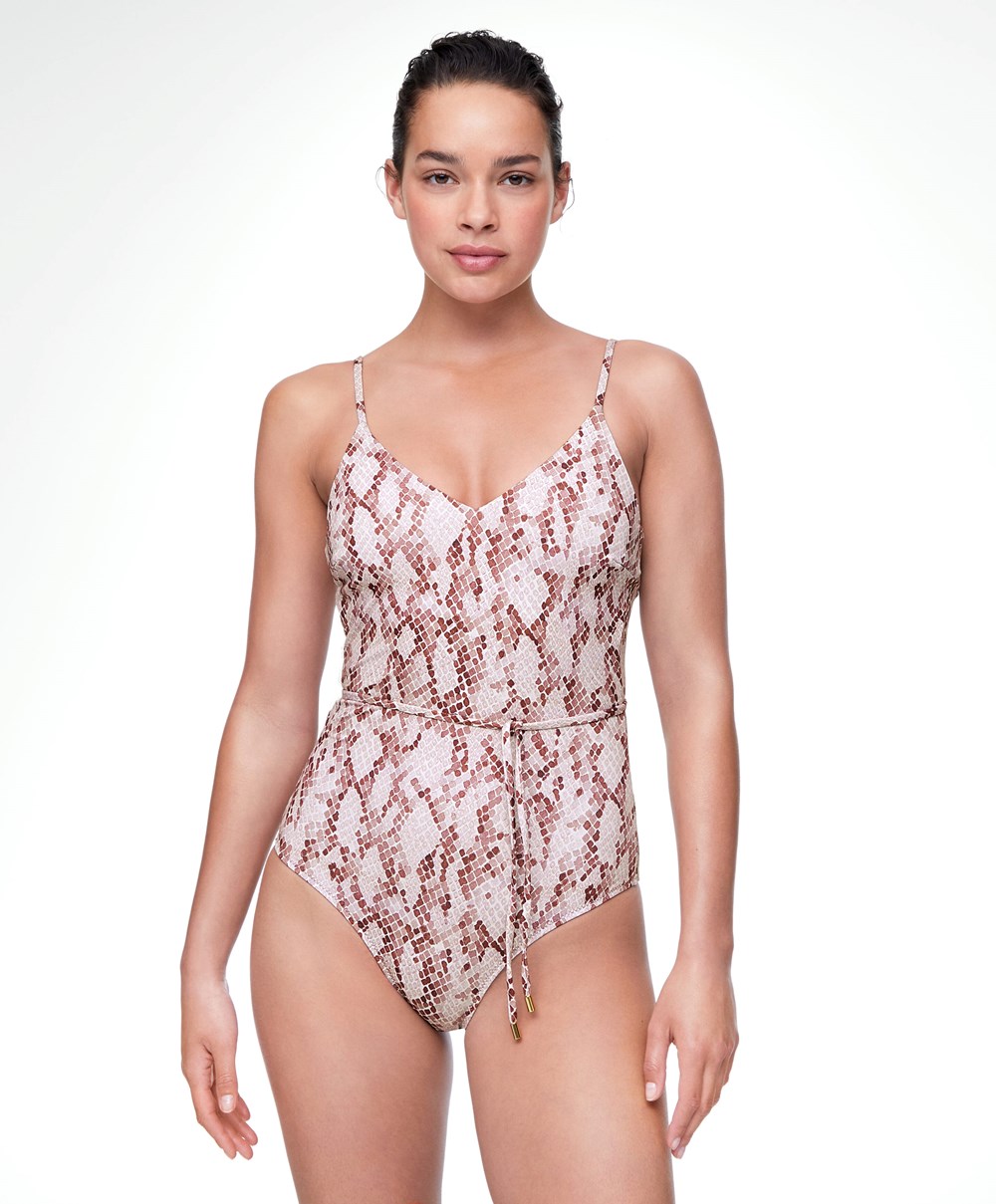 Oysho Snake Print V-neck Swimsuit Rózsaszín | WILTVO-128