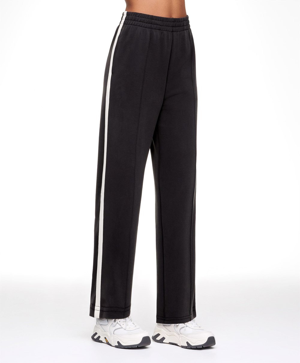 Oysho Soft Touch Modal Trousers With Egyenes Leg And Stripe Fekete | HJUVFA-053