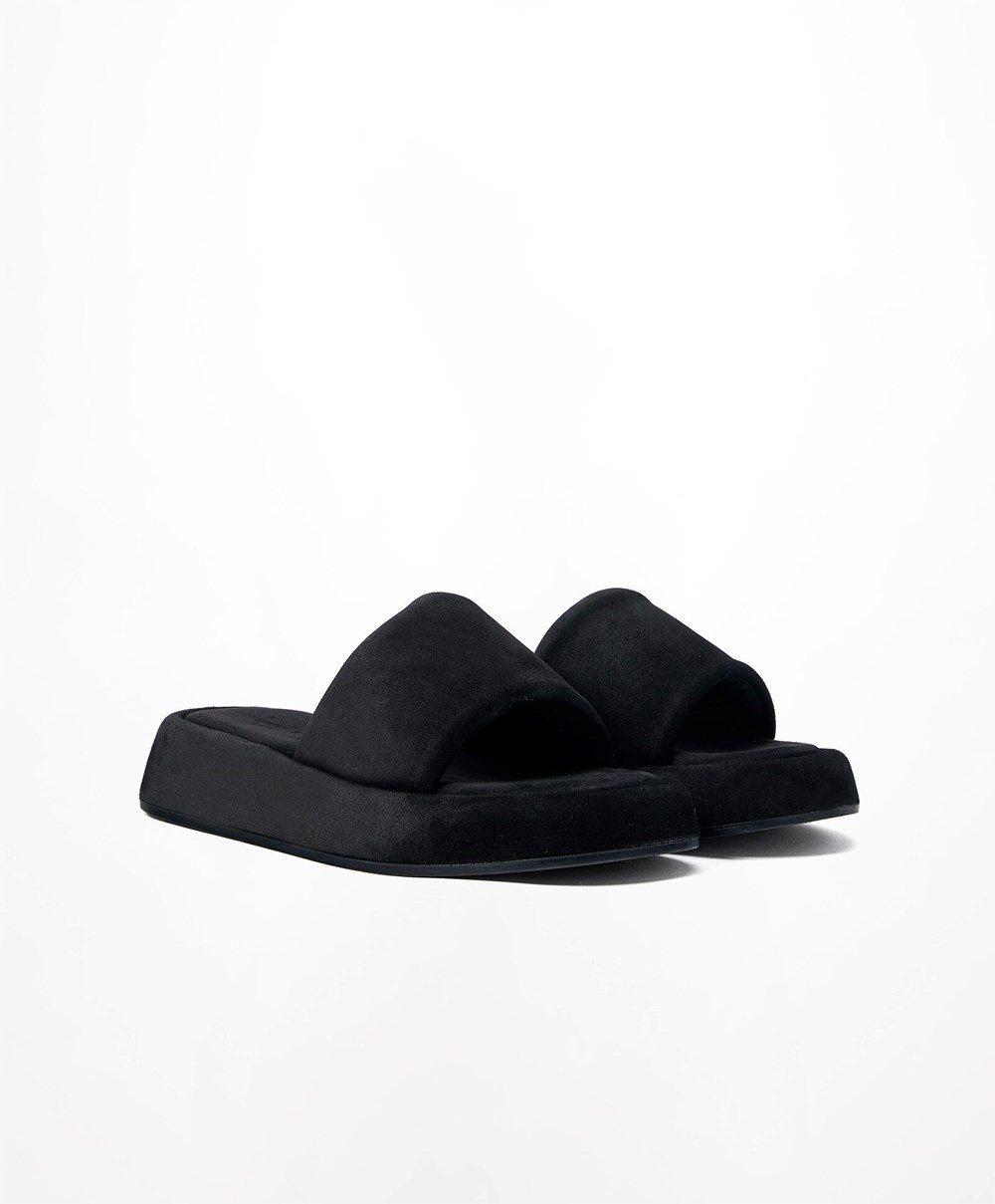 Oysho Split-leather Platform Slides Fekete | VJDNQS-734