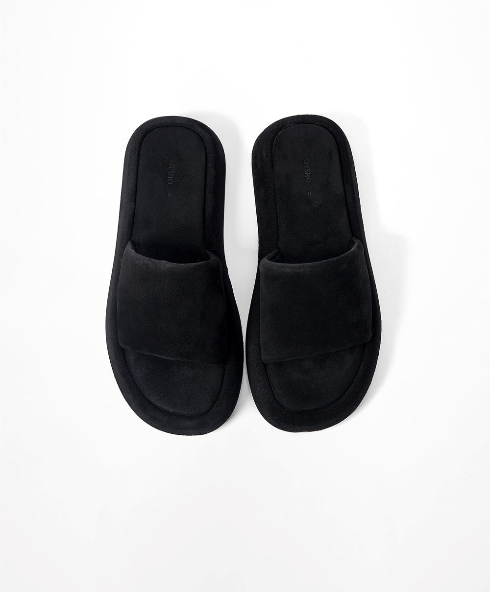 Oysho Split-leather Platform Slides Fekete | VJDNQS-734