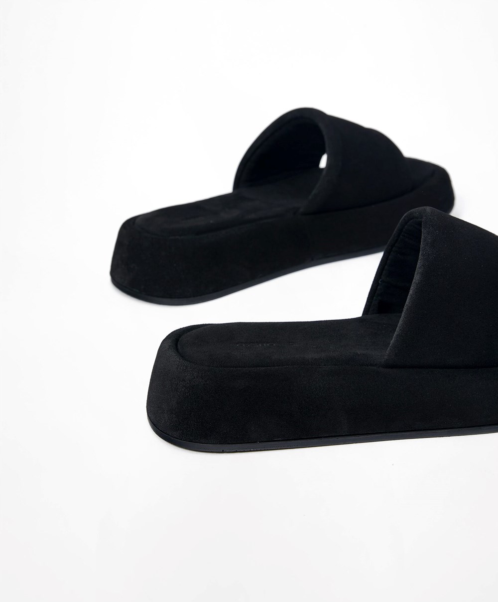 Oysho Split-leather Platform Slides Fekete | VJDNQS-734