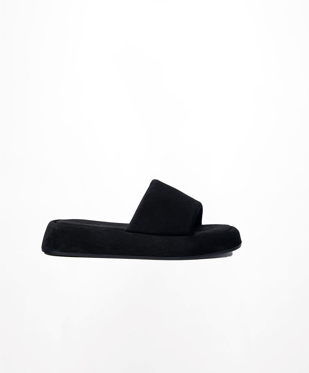 Oysho Split-leather Platform Slides Fekete | VJDNQS-734