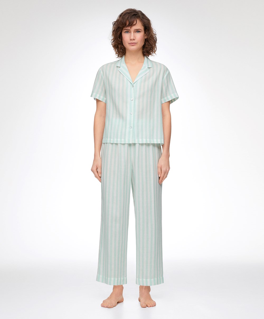 Oysho Stripe 100% Pamut Rövid-sleeved Shirt Zöld | GXFMSQ-058