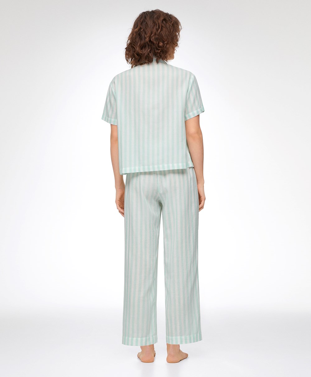 Oysho Stripe 100% Pamut Rövid-sleeved Shirt Zöld | GXFMSQ-058